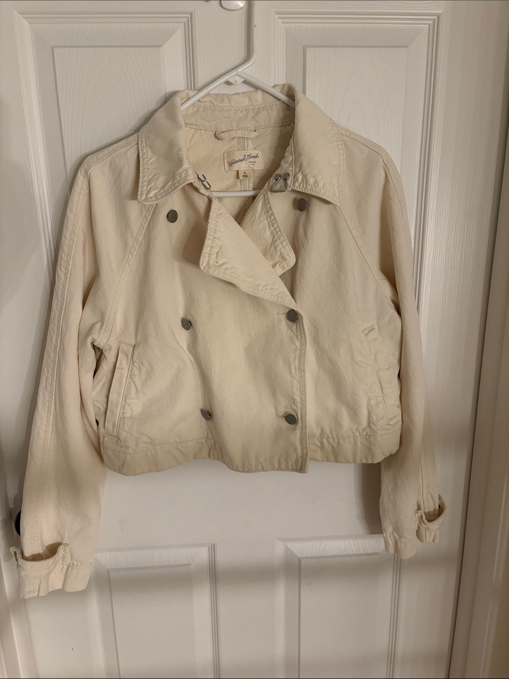Cream Denim Cropped Double-Breasted Jacket